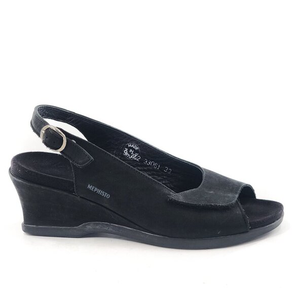 MEPHISTO Black Nubuck Leather Adjustable Width Open Toe Wedge Sandals - Picture 4 of 9